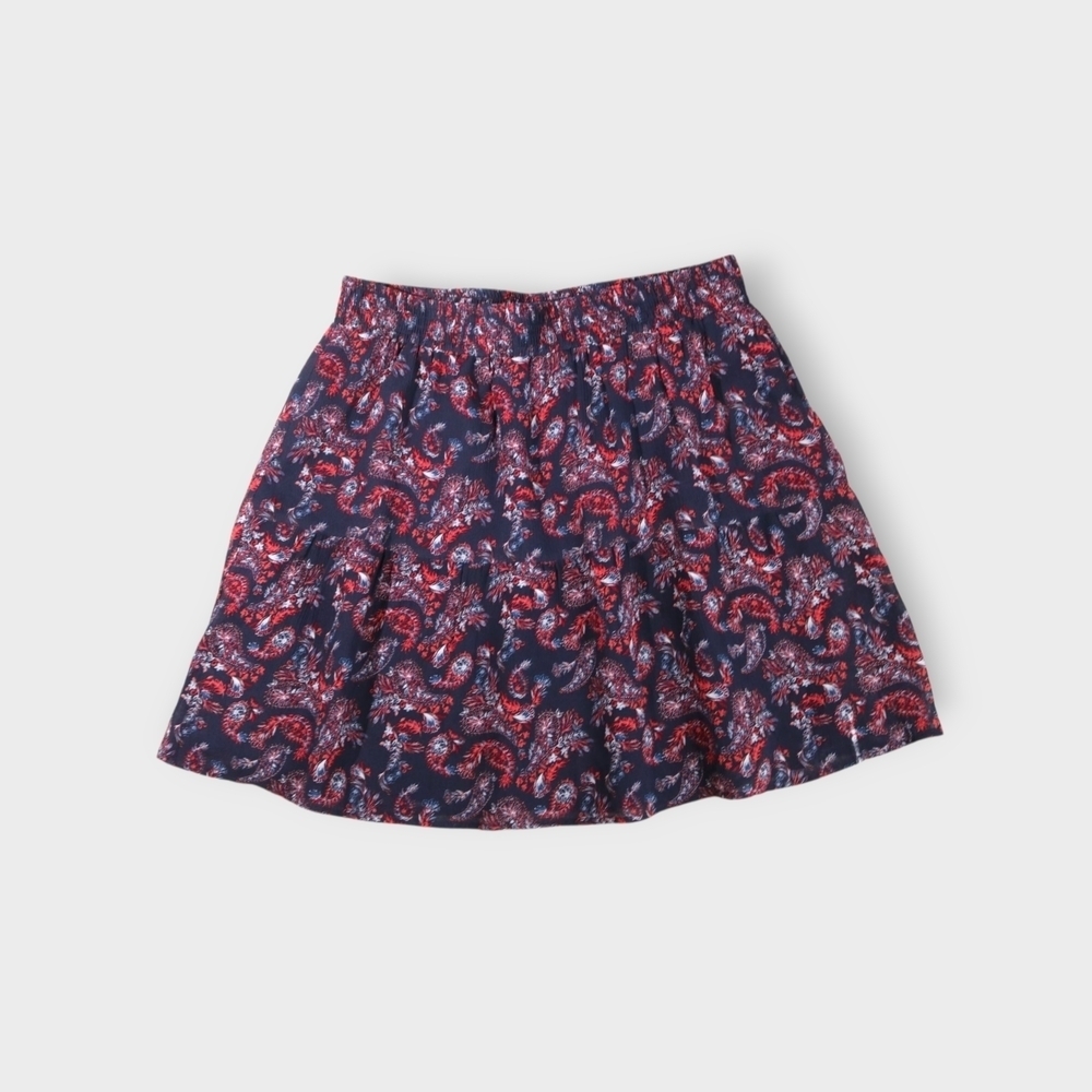 Garnet Hill M Mila Crepe Navy Red Paisley Mixed Print Pull On Mini Skirt Silk